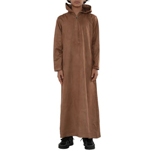 HM12 - Boy's Hooded Suede Emirati Omani Zipped Thobe-TruClothing
