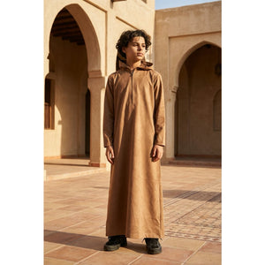 HM12 - Boy's Hooded Suede Emirati Omani Zipped Thobe-TruClothing