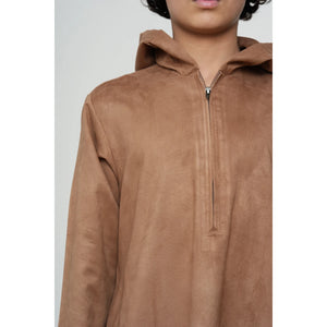 HM12 - Boy's Hooded Suede Emirati Omani Zipped Thobe-TruClothing