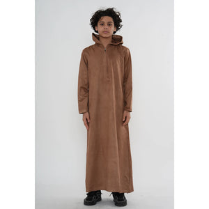 HM12 - Boy's Hooded Suede Emirati Omani Zipped Thobe-TruClothing