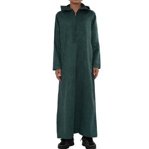 HM12 - Boy's Hooded Suede Emirati Omani Zipped Thobe-TruClothing