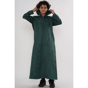 HM12 - Boy's Hooded Suede Emirati Omani Zipped Thobe-TruClothing