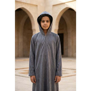HM12 - Boy's Hooded Suede Emirati Omani Zipped Thobe-TruClothing