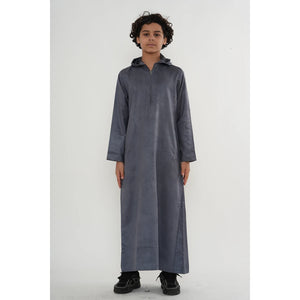 HM12 - Boy's Hooded Suede Emirati Omani Zipped Thobe-TruClothing
