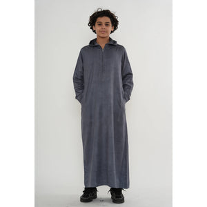 HM12 - Boy's Hooded Suede Emirati Omani Zipped Thobe-TruClothing