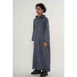 HM12 - Boy's Hooded Suede Emirati Omani Zipped Thobe-TruClothing