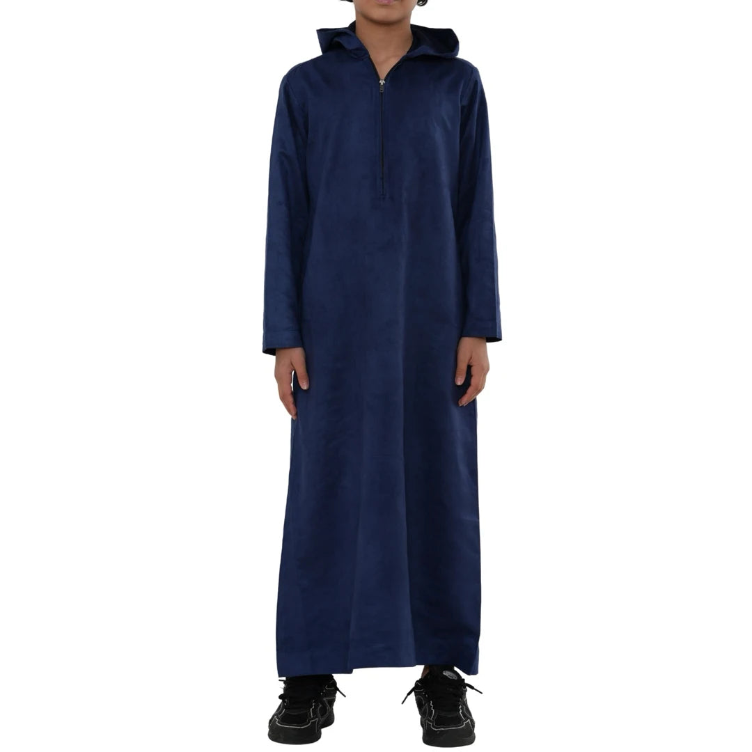 HM12 - Boy's Hooded Suede Emirati Omani Zipped Thobe-TruClothing