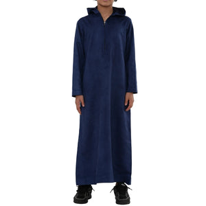 HM12 - Boy's Hooded Suede Emirati Omani Zipped Thobe-TruClothing