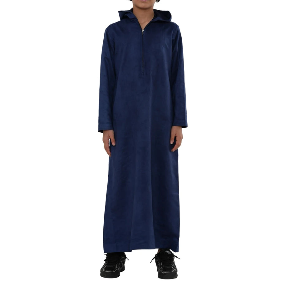 HM12 - Boy's Hooded Suede Emirati Omani Zipped Thobe-TruClothing