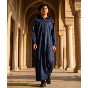 HM12 - Boy's Hooded Suede Emirati Omani Zipped Thobe-TruClothing