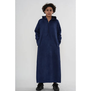 HM12 - Boy's Hooded Suede Emirati Omani Zipped Thobe-TruClothing