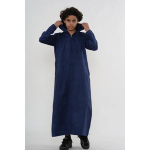 HM12 - Boy's Hooded Suede Emirati Omani Zipped Thobe-TruClothing