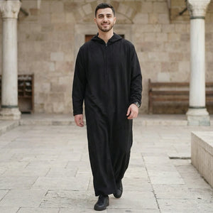 HM12 - Men's Hooded Suede Emirati Omani Zipped Thobe-TruClothing