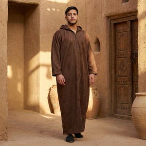 HM12 - Men's Hooded Suede Emirati Omani Zipped Thobe-TruClothing