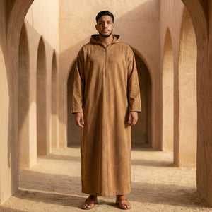 HM12 - Men's Hooded Suede Emirati Omani Zipped Thobe-TruClothing