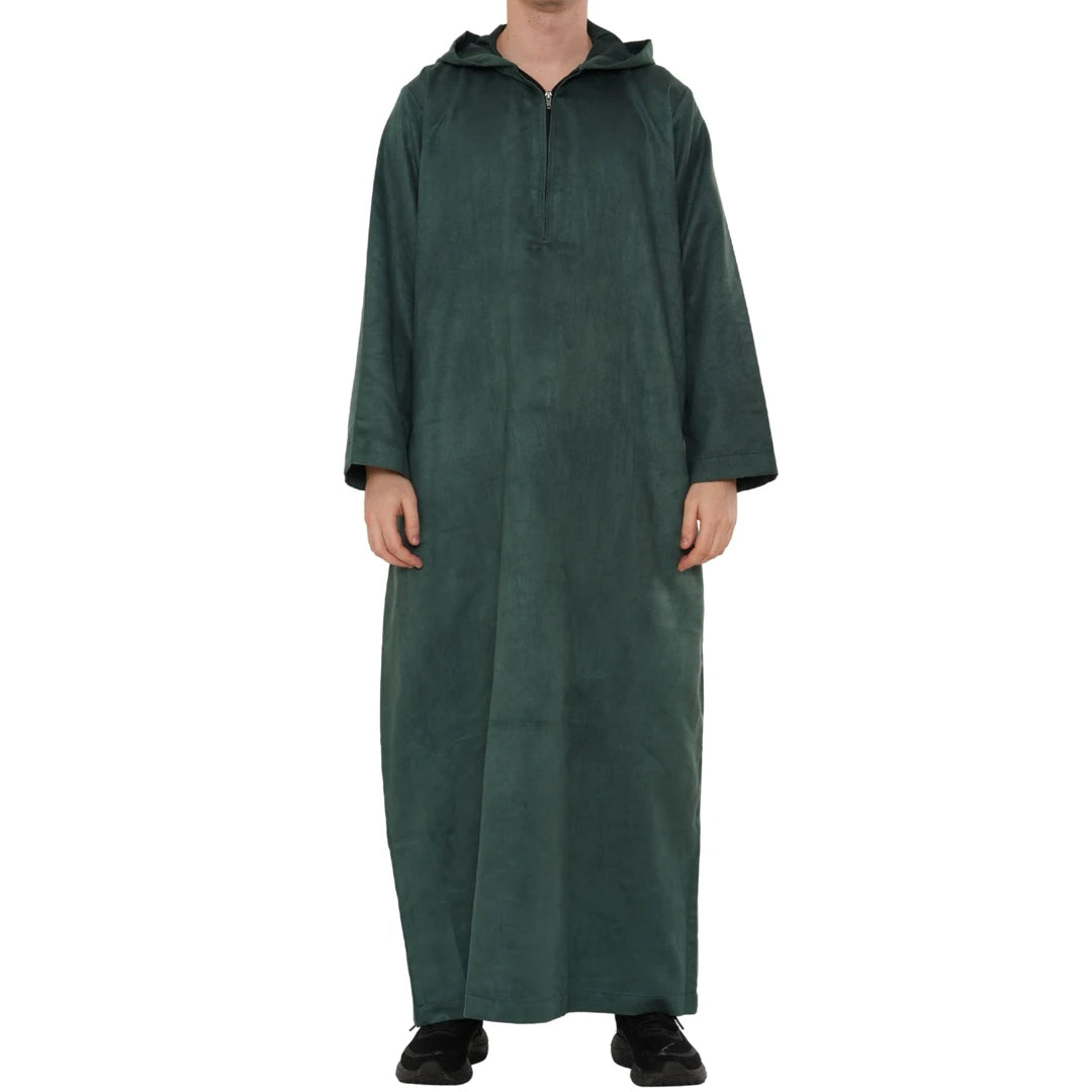HM12 - Men's Hooded Suede Emirati Omani Zipped Thobe-TruClothing