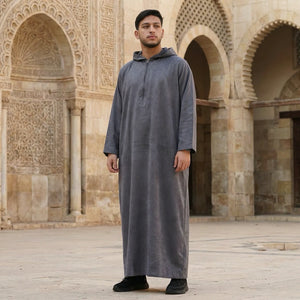 HM12 - Men's Hooded Suede Emirati Omani Zipped Thobe-TruClothing
