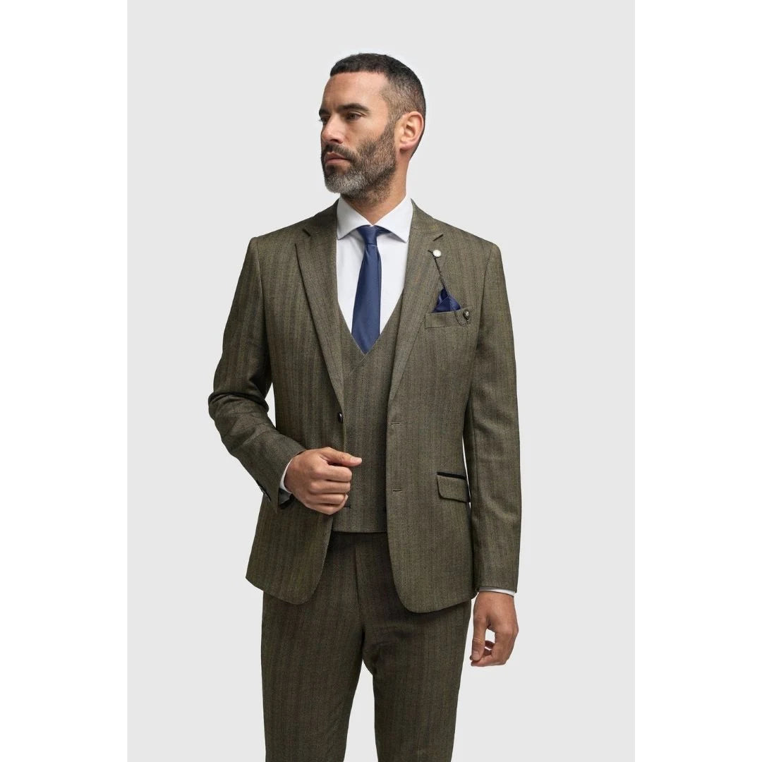 Damon - Men's Olive Green Tweed Herringbone Blazer-TruClothing