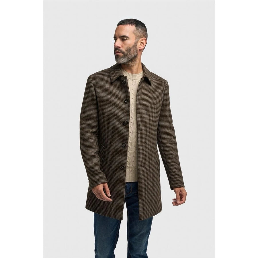 Pearson - Men's Brown Wool Blend Houndstooth Tweed Overcoat-TruClothing