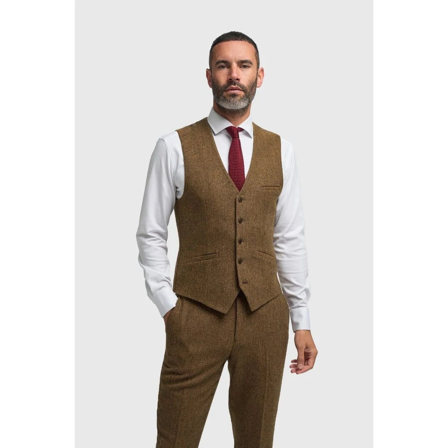 Thomas - Men's Brown Wool Blend Herringbone Tweed Waistcoat-TruClothing