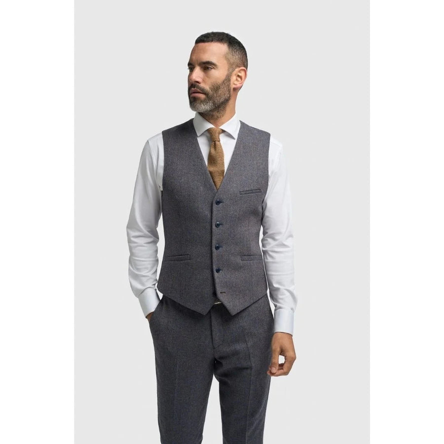 Thomas - Men's Navy Wool Blend Herringbone Tweed Waistcoat-TruClothing