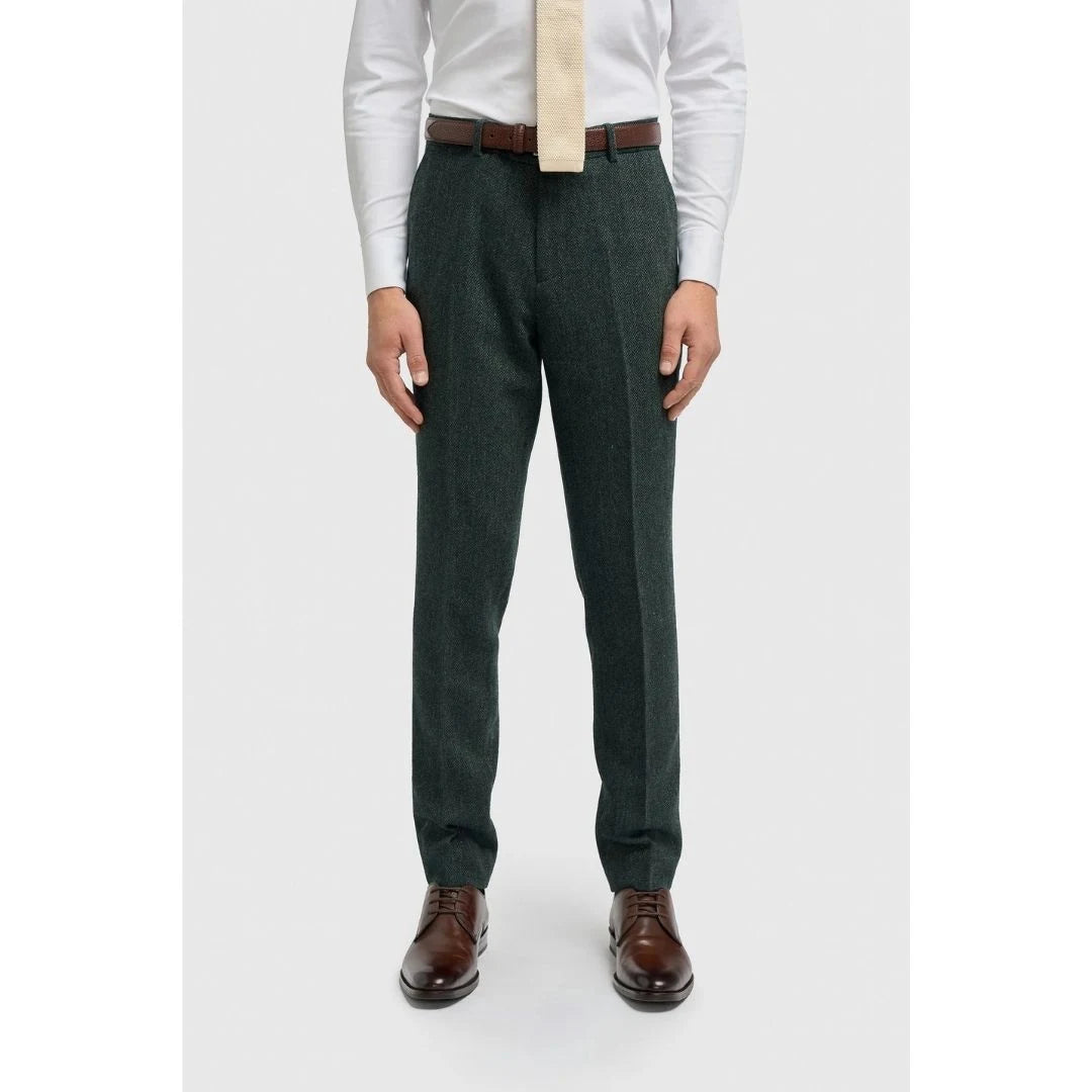 Thomas - Men's Olive Wool Blend Herringbone Tweed Trousers-TruClothing