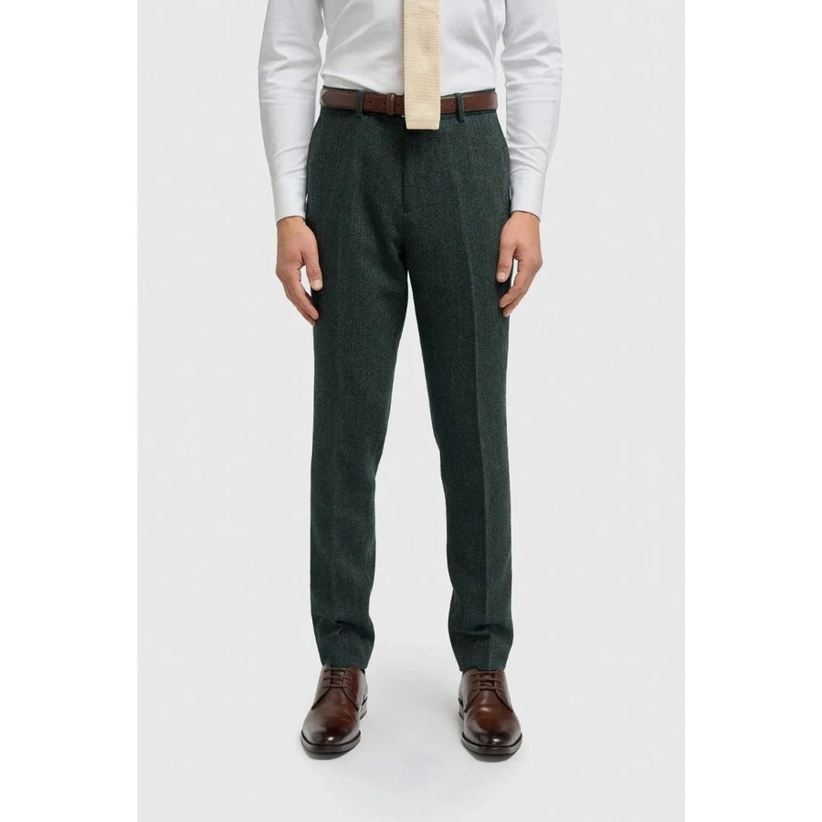 Thomas - Men's Olive Wool Blend Herringbone Tweed Trousers-TruClothing