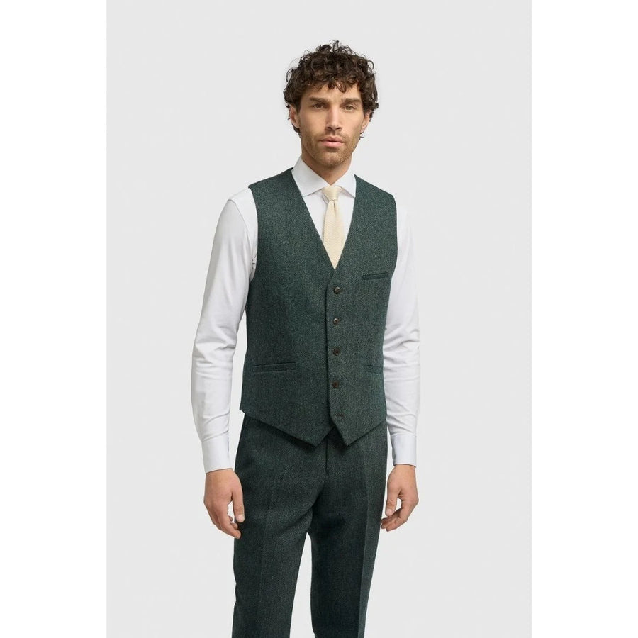 Thomas - Men's Olive Wool Blend Herringbone Tweed Waistcoat-TruClothing
