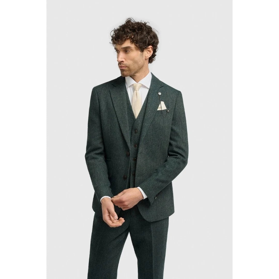 Thomas - Men's Olive Green Classic Herringbone Tweed Blazer-TruClothing