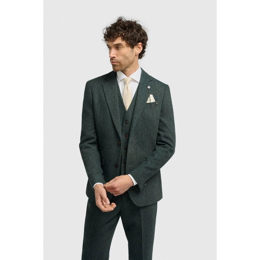 Thomas - Men's Olive Green Classic Herringbone Tweed Blazer-TruClothing