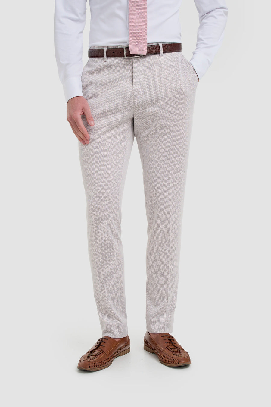 Vasco - Men's Beige Herringbone Trousers