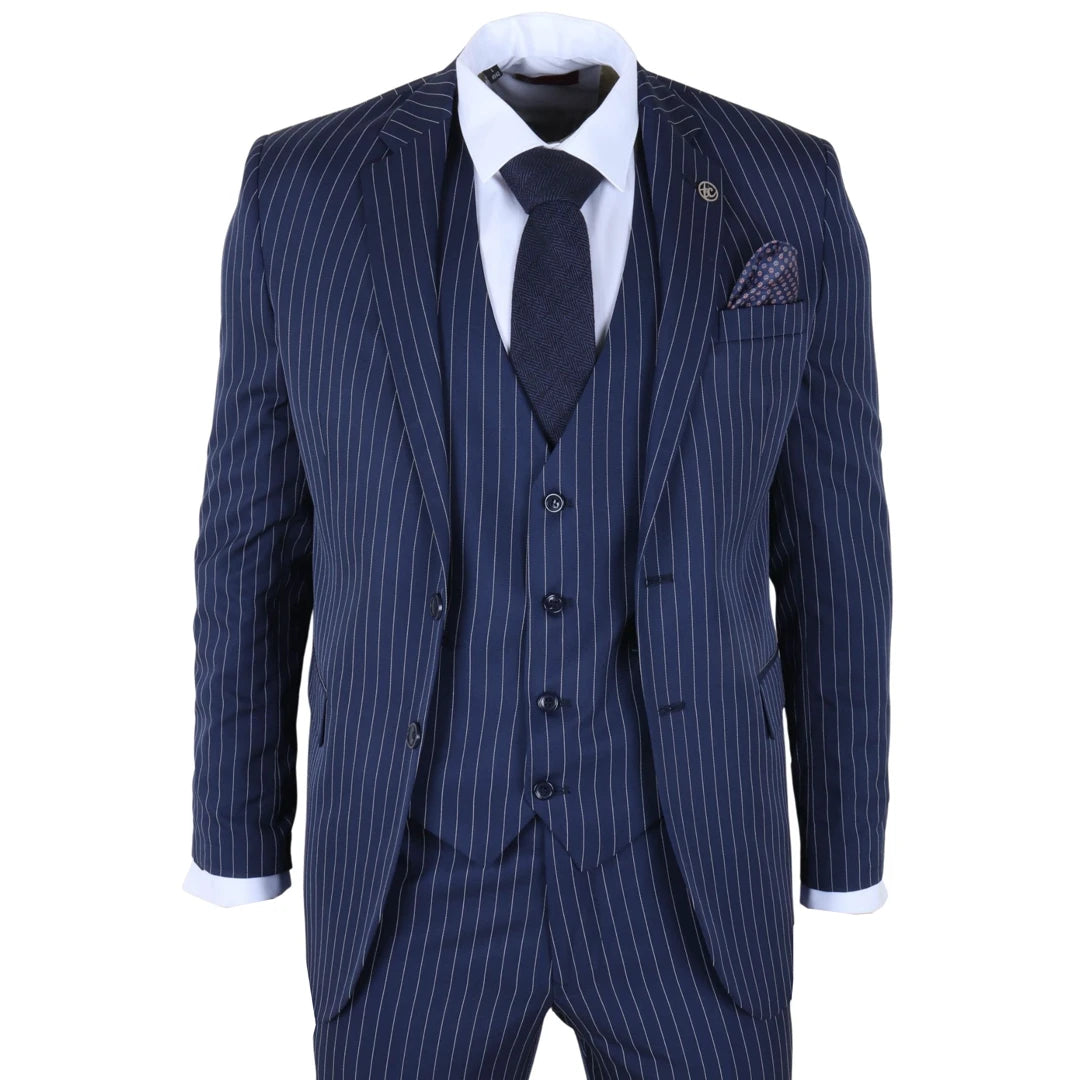 IM43 - Men's Classic Pinstripe 3 Piece Navy Blue Suit-TruClothing