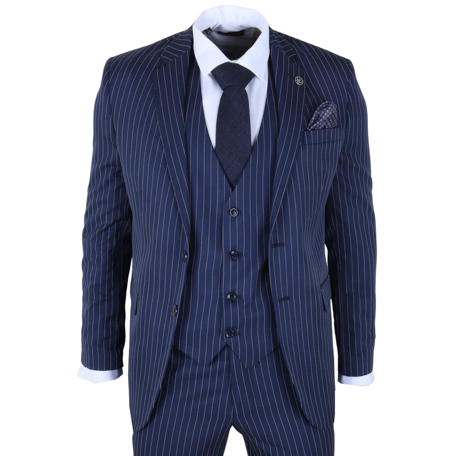 IM43 - Men's Classic Pinstripe 3 Piece Navy Blue Suit-TruClothing
