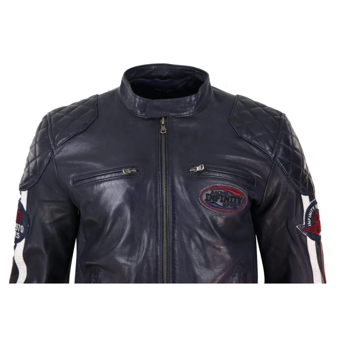 Men's Black Navy Brown Leather Racing Jacket Stripe Sleeves Moto Biker
