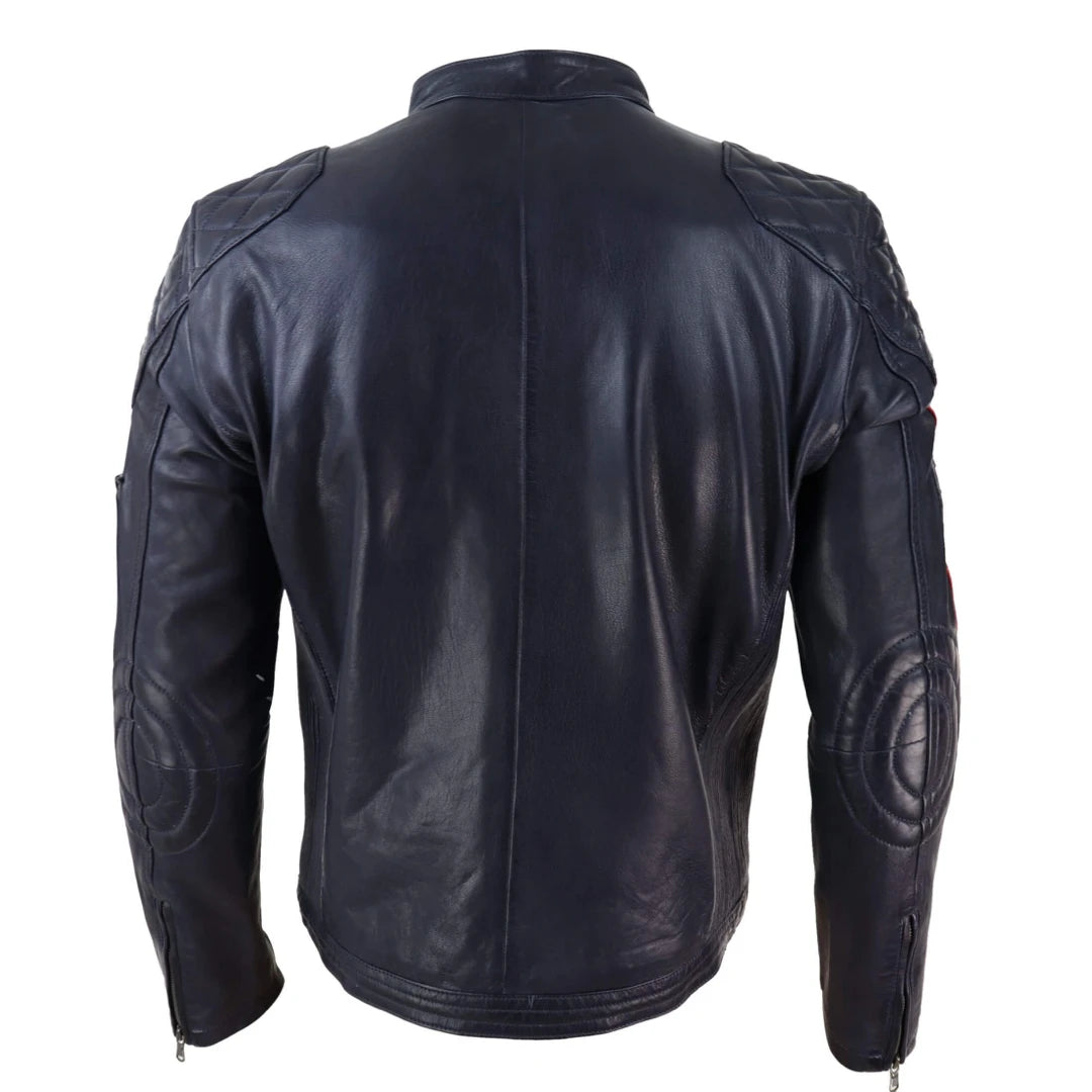 Men's Black Navy Brown Leather Racing Jacket Stripe Sleeves Moto Biker