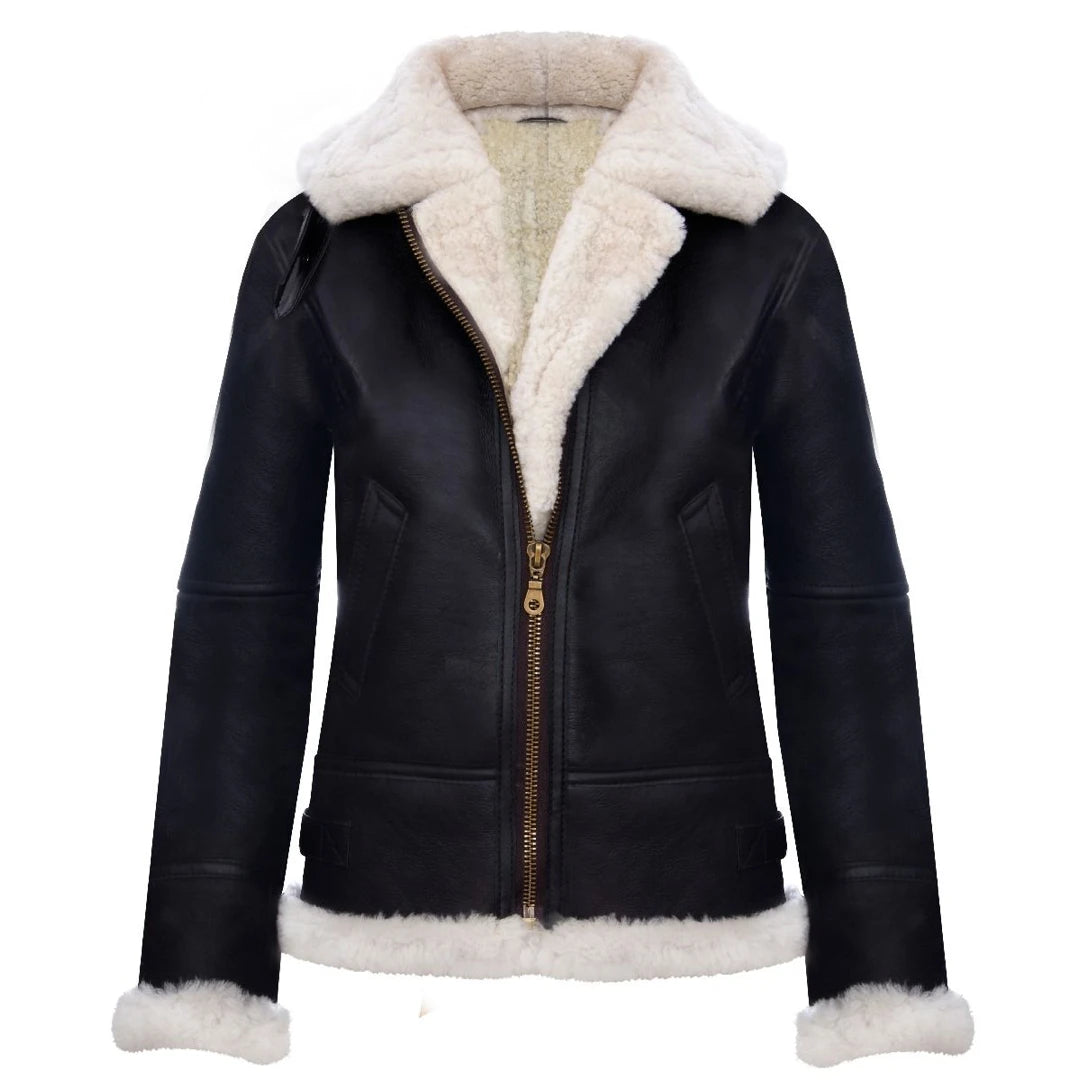 Women's Aviator White Brown Hooded Shearling Sheepskin Leather Jacket