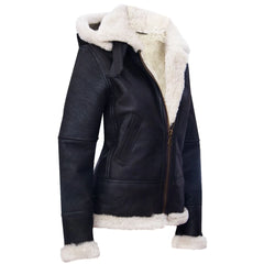 Women's Aviator White Brown Hooded Shearling Sheepskin Leather Jacket