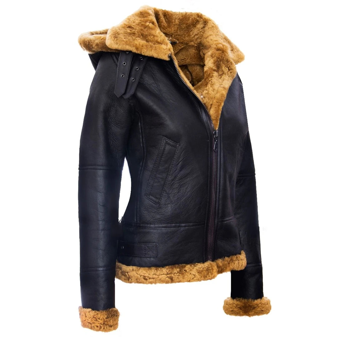 Women's Aviator New Ginger Women's Hooded Shearling Sheepskin Leather Jacket