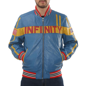 Men's Blue Leather Motorcycle Jacket Biker Bomber-TruClothing