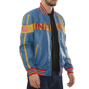 Men's Blue Leather Motorcycle Jacket Biker Bomber-TruClothing
