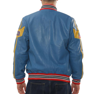 Men's Blue Leather Motorcycle Jacket Biker Bomber-TruClothing
