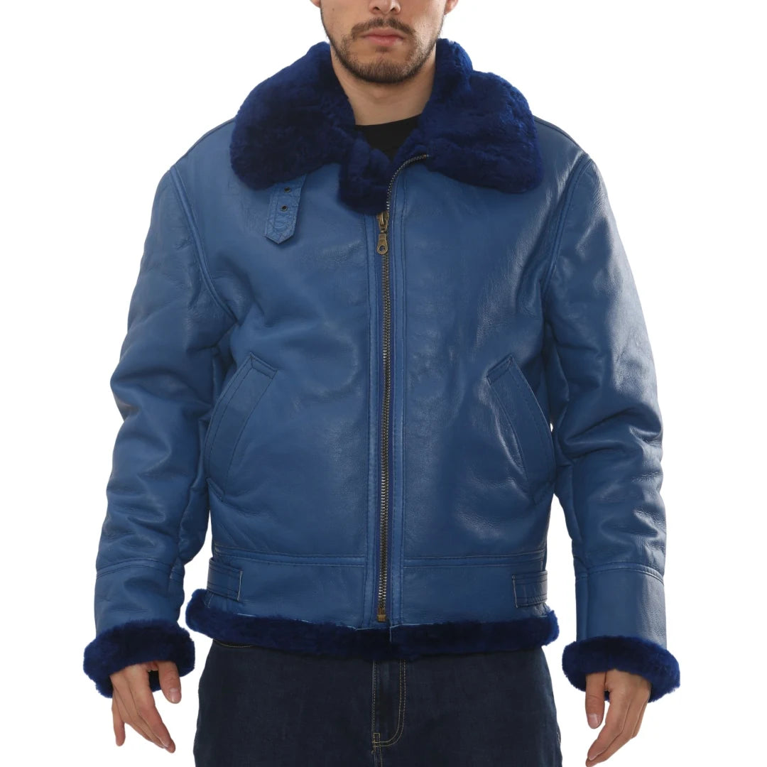 Men's Blue Shearling Leather B3 Aviator Jacket-TruClothing