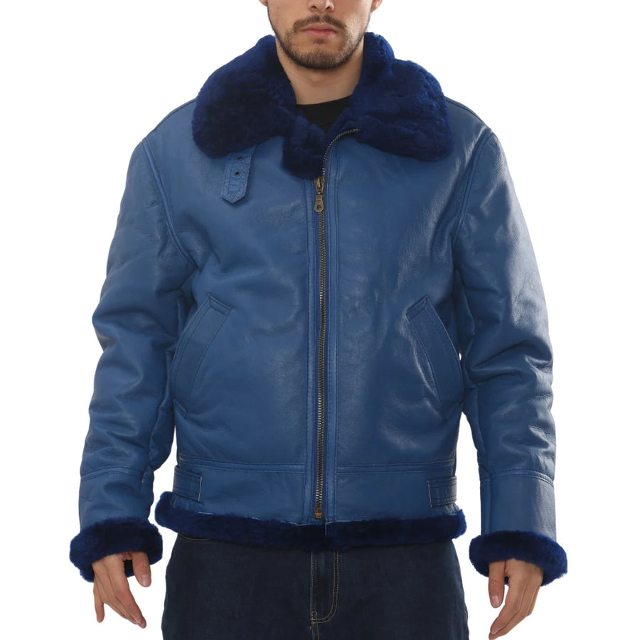 Men's Blue Shearling Leather B3 Aviator Jacket-TruClothing