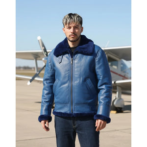 Men's Blue Shearling Leather B3 Aviator Jacket-TruClothing