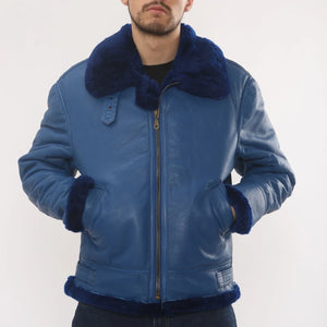 Men's Blue Shearling Leather B3 Aviator Jacket-TruClothing
