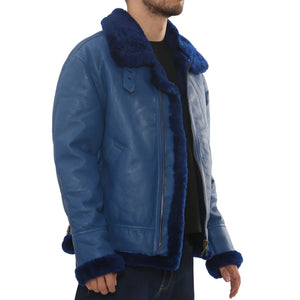 Men's Blue Shearling Leather B3 Aviator Jacket-TruClothing