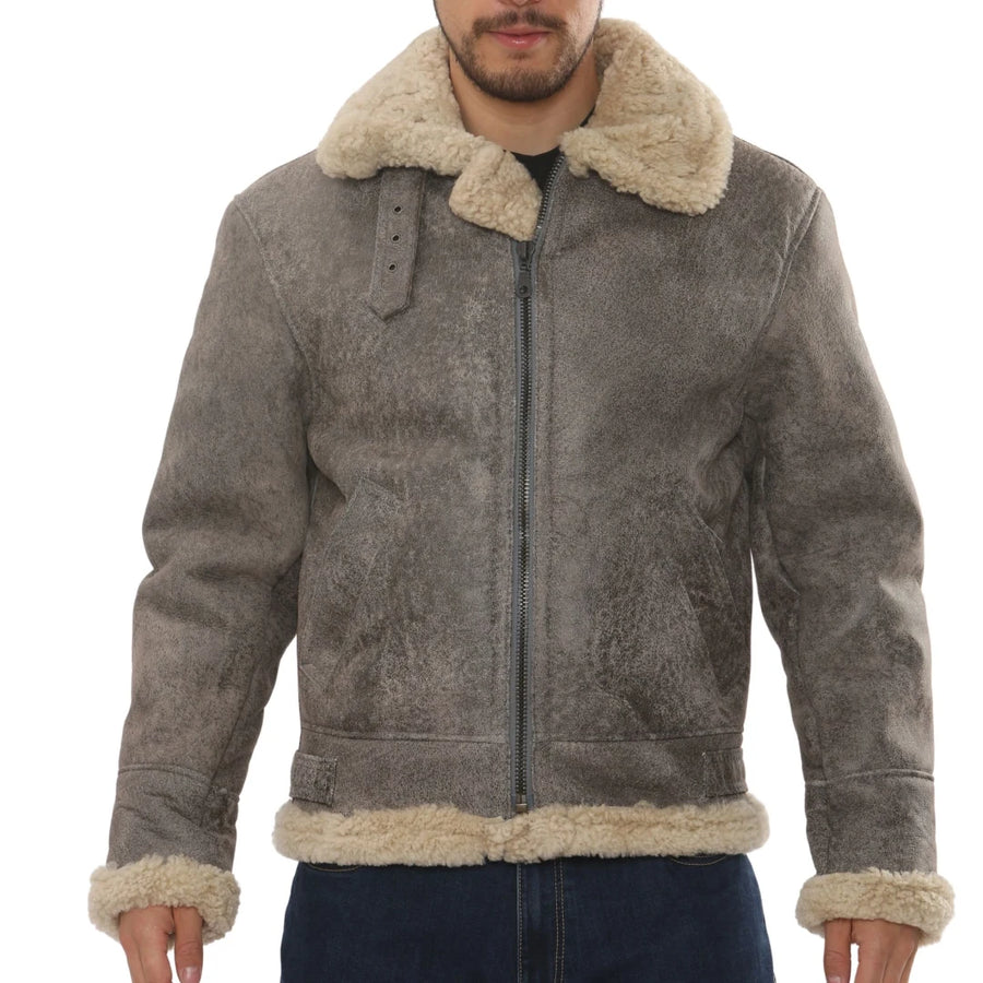 Men's Grey Shearling Leather B3 Aviator Bomber Jacket-TruClothing