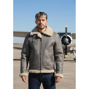Men's Grey Shearling Leather B3 Aviator Bomber Jacket-TruClothing
