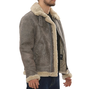 Men's Grey Shearling Leather B3 Aviator Bomber Jacket-TruClothing