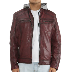 Men's Hooded Biker Lamb Leather Jacket-TruClothing